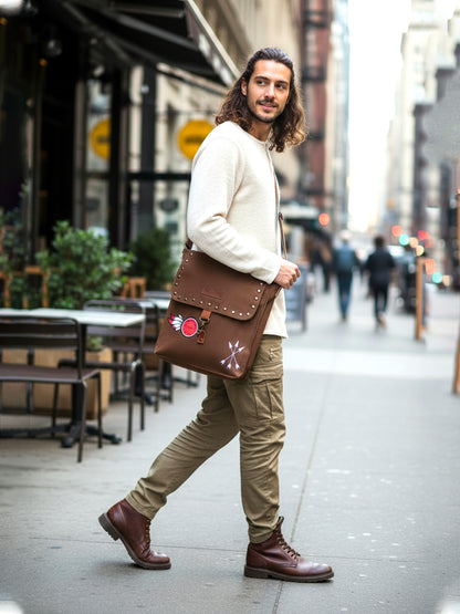 Canvas Crossbody Messenger Bag for Men & Women | Side Bag Fits Mobile & Tablets | Ideal For Office & Travel | Beige Embellished Cotton Compact Messenger Business Bag for ladies