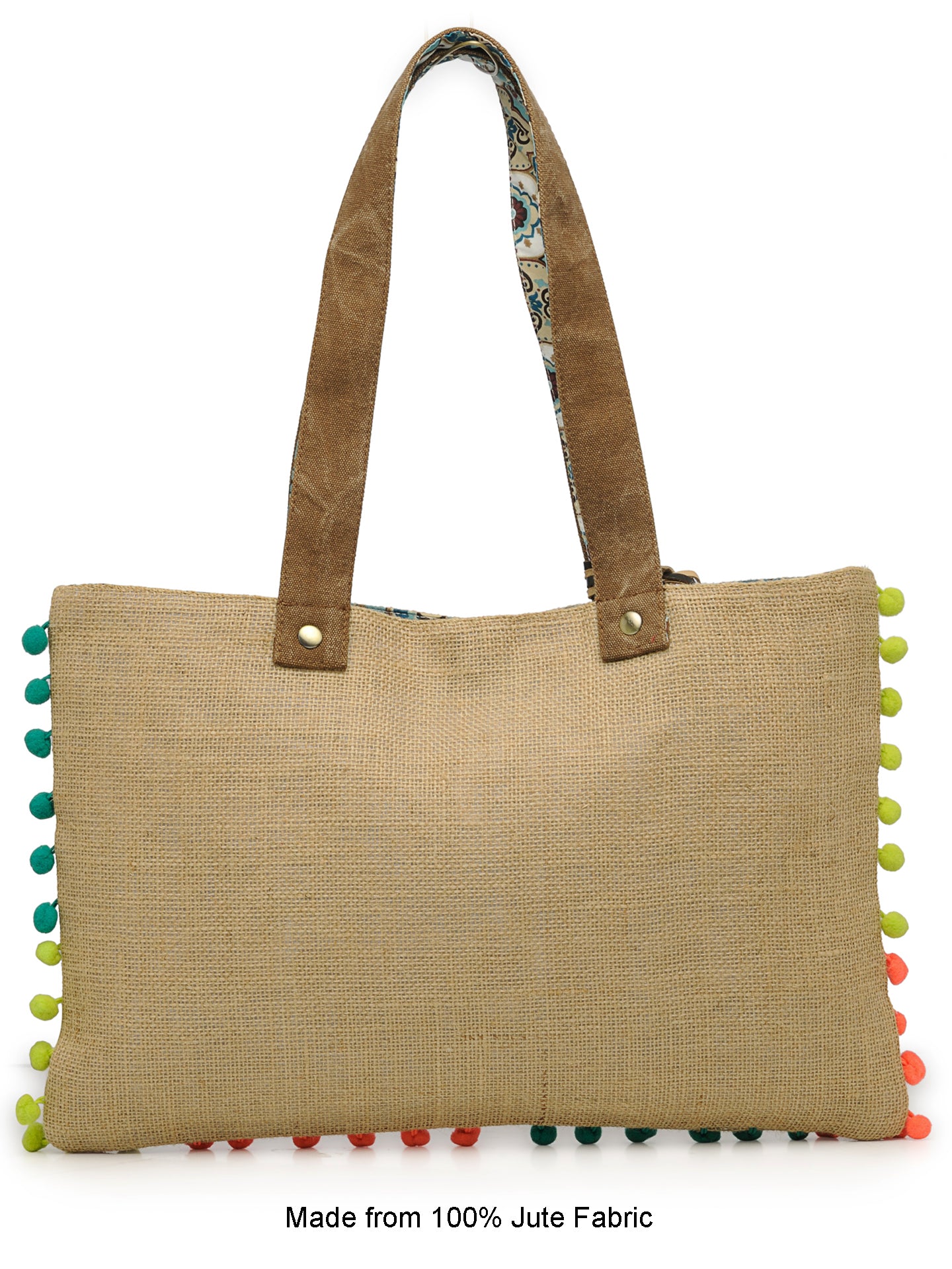 Jute Tote Handbag | Brown Beige Printed Shoulder Bag | Tassel Embellished | Magnetic Closure | Zipper Compartment | Casual Bag for College, Office & Daily Use | For Women
