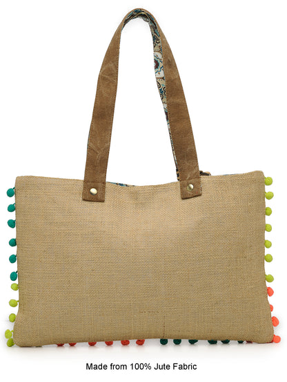 Jute Tote Handbag | Brown Beige Printed Shoulder Bag | Tassel Embellished | Magnetic Closure | Zipper Compartment | Casual Bag for College, Office & Daily Use | For Women