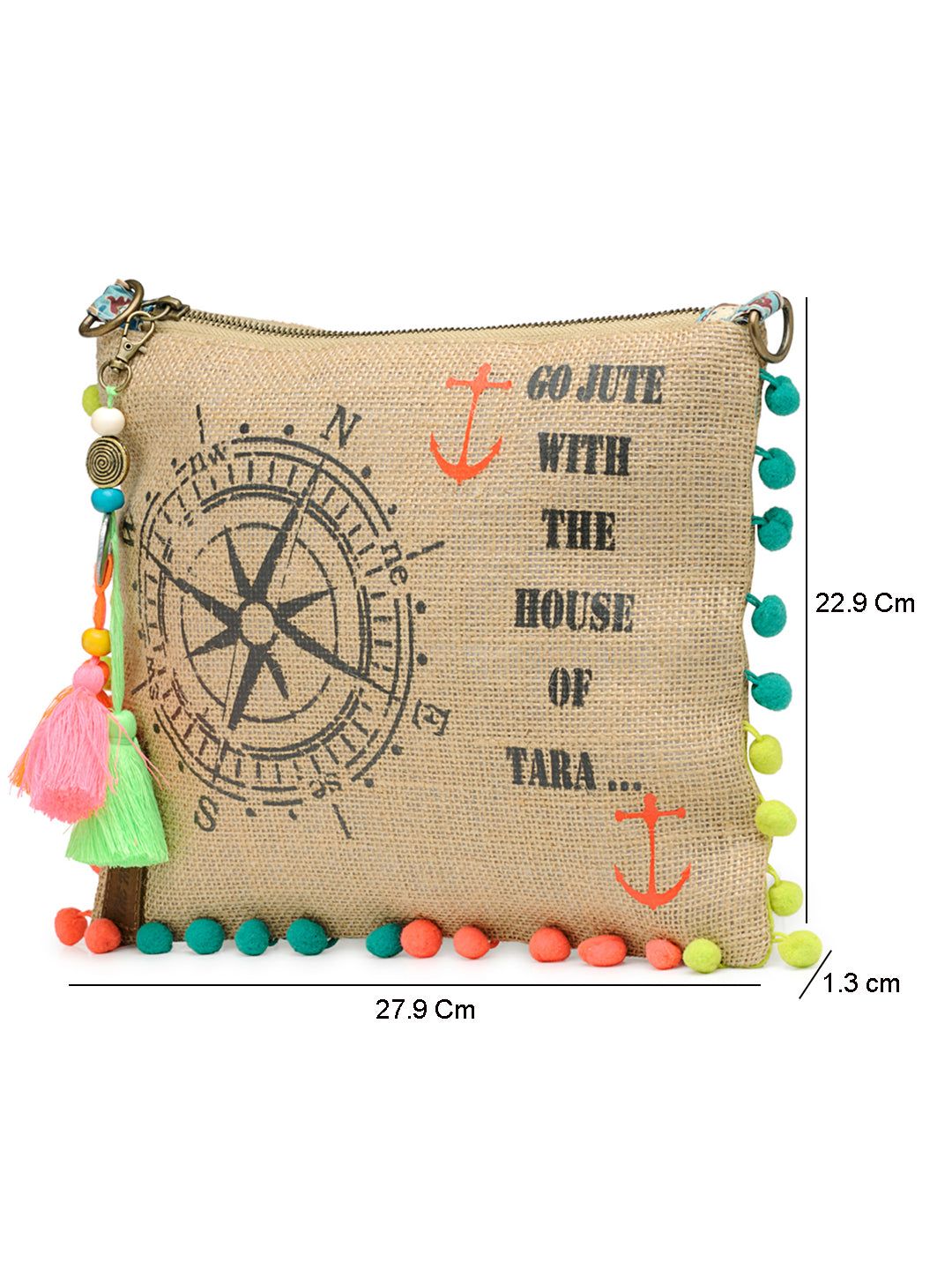 Casual Jute Purse For Women | Small Crossbody Sling Bag with Tassels, Zip Pocket & Removable Shoulder Strap | Printed Aesthetic Foldable Ladies Purse Handbag (Brown)