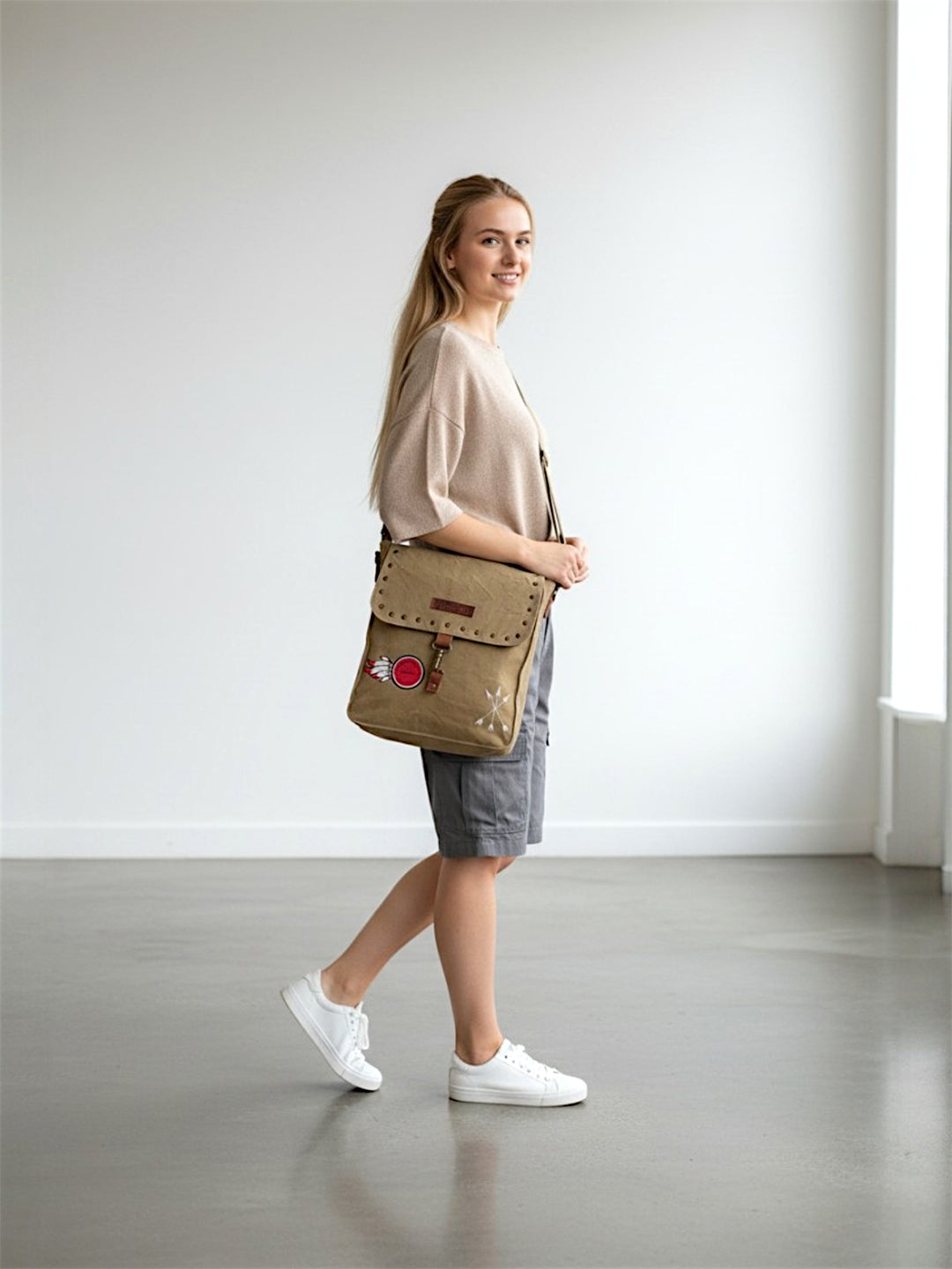 Canvas Crossbody Messenger Bag for Men & Women | Side Bag Fits Mobile & Tablets | Ideal For Office & Travel | Beige Embellished Cotton Compact Messenger Business Bag for ladies