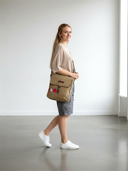 Canvas Crossbody Messenger Bag for Men & Women | Side Bag Fits Mobile & Tablets | Ideal For Office & Travel | Beige Embellished Cotton Compact Messenger Business Bag for ladies