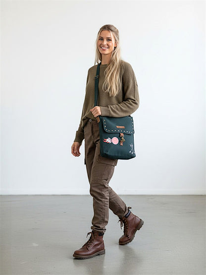 Canvas Crossbody Messenger Bag for Men & Women | Side Bag Fits Mobile & Tablets | Ideal For Office & Travel | Beige Embellished Cotton Compact Messenger Business Bag for ladies