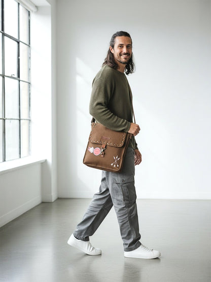 Canvas Crossbody Messenger Bag for Men & Women | Side Bag Fits Mobile & Tablets | Ideal For Office & Travel | Beige Embellished Cotton Compact Messenger Business Bag for ladies