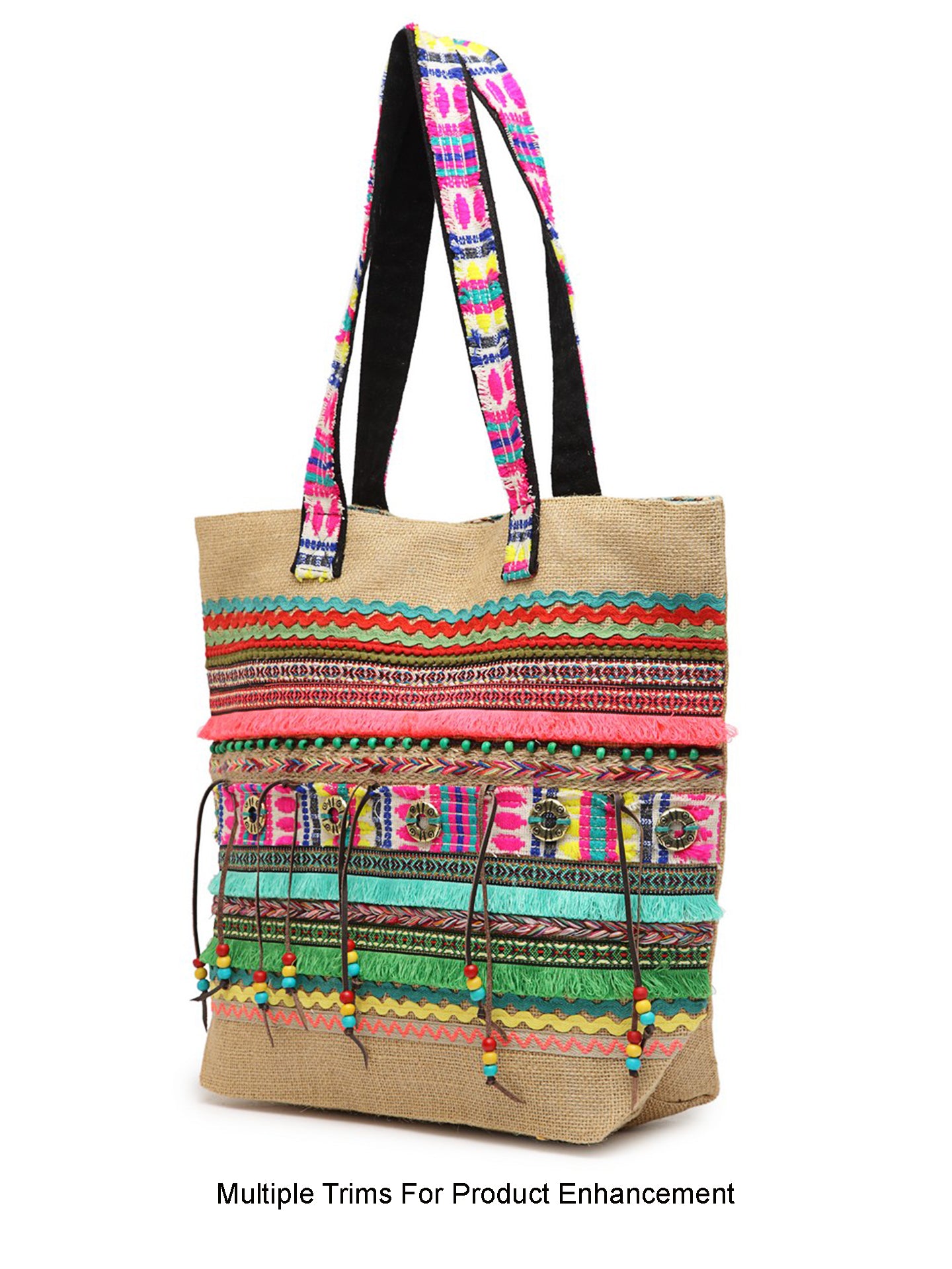 Jute Tote Handbag | Brown Multicolor Shoulder Bag | Tassel Embellished | Magnetic Closure | Zipper Compartment | Casual Bag for College, Office & Daily Use | For Women