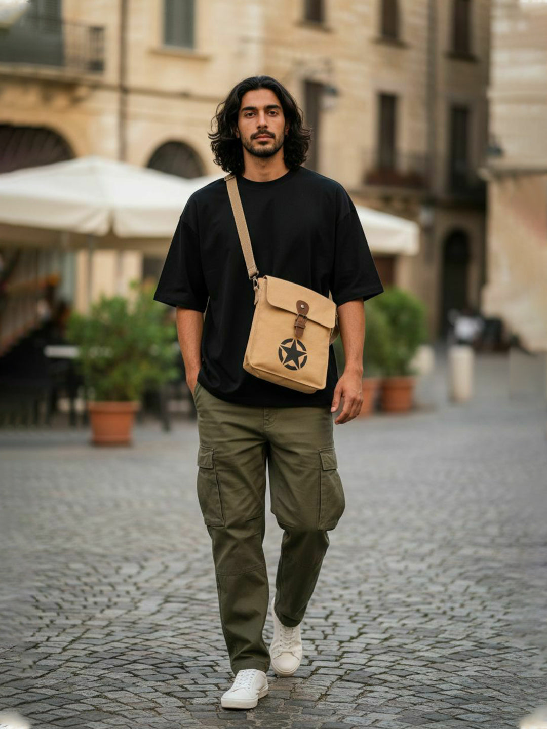 Canvas Side Sling Bag For Men & Women | Compact Messenger bag with Leather Strap on flap closure, Adjustable Shoulder Strap & Snap buttons | Casual bag for Office & Travel