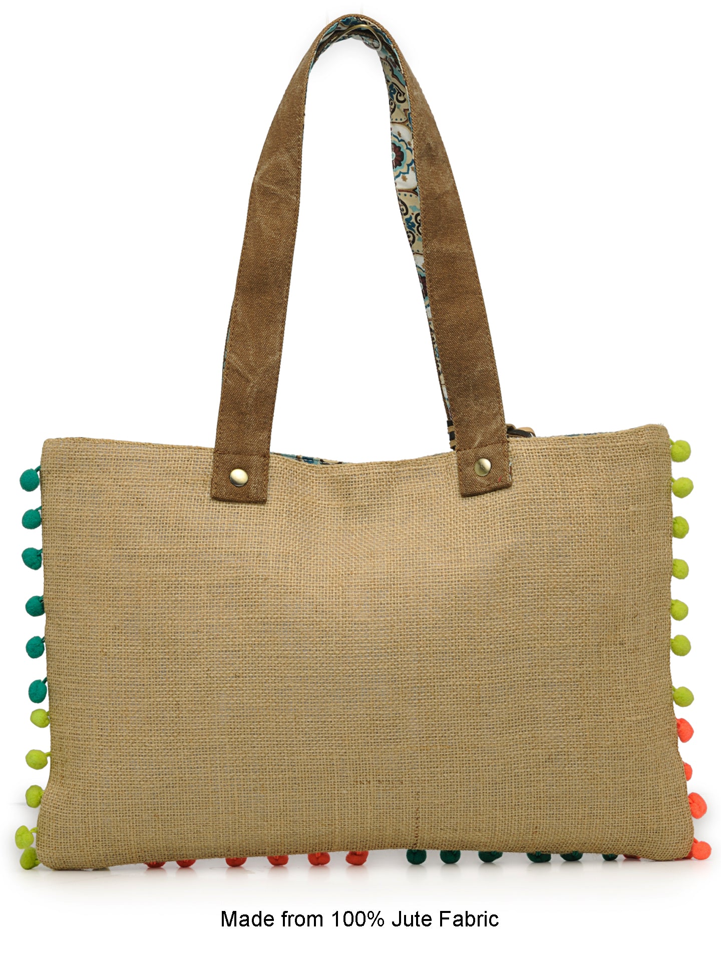 Jute Tote Handbag | Brown Beige Printed Shoulder Bag | Tassel Embellished | Magnetic Closure | Zipper Compartment | Casual Bag for College, Office & Daily Use | For Women