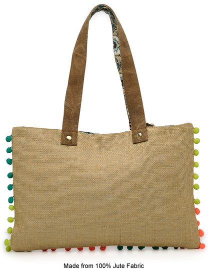 Jute Tote Handbag | Brown Beige Printed Shoulder Bag | Tassel Embellished | Magnetic Closure | Zipper Compartment | Casual Bag for College, Office & Daily Use | For Women