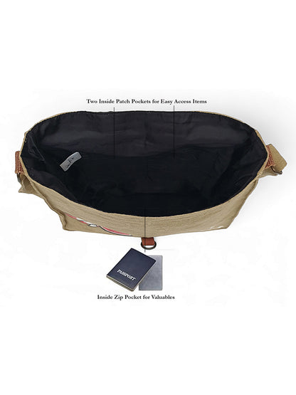 Canvas Crossbody Messenger Bag for Men & Women | Side Bag Fits Mobile & Tablets | Ideal For Office & Travel | Beige Embellished Cotton Compact Messenger Business Bag for ladies
