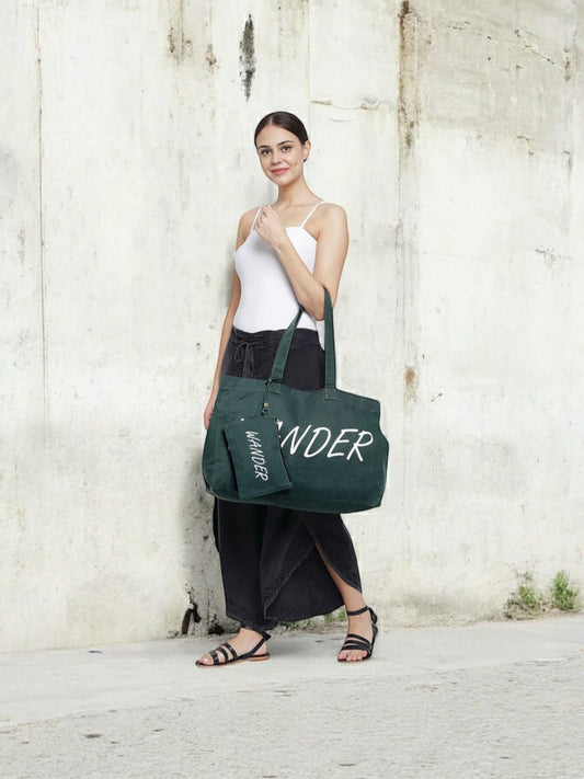 The House of tara Canvas Tote Bag with Detachable Pouch | Cotton Shopping Handbag | Magnetic Closure Tote with Zipper Pouch | Back Pocket with Zip | Wander Print | For Women