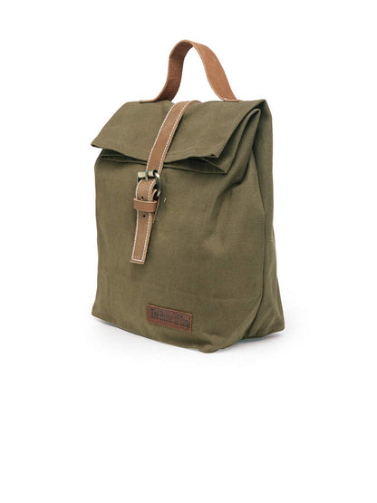 The House of tara Cotton Canvas Lunch Box Bag | Khaki Color Solid Design | 15 Ltrs Tiffin and Water Bottle Bag | Aesthetic Design with Genuine Leather Strap, Buckle & Top Handle | for Men and Women