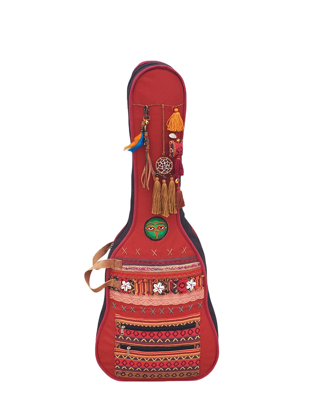 The House of Tara Cotton Canvas Acoustic Guitar Bag Cover | Unisex | Waterproof Inner Lining | Adjustable Padded Straps | Dream Catch Tassel Embellished | Padded Guitar Case | Dual Zip Pocket | Maroon