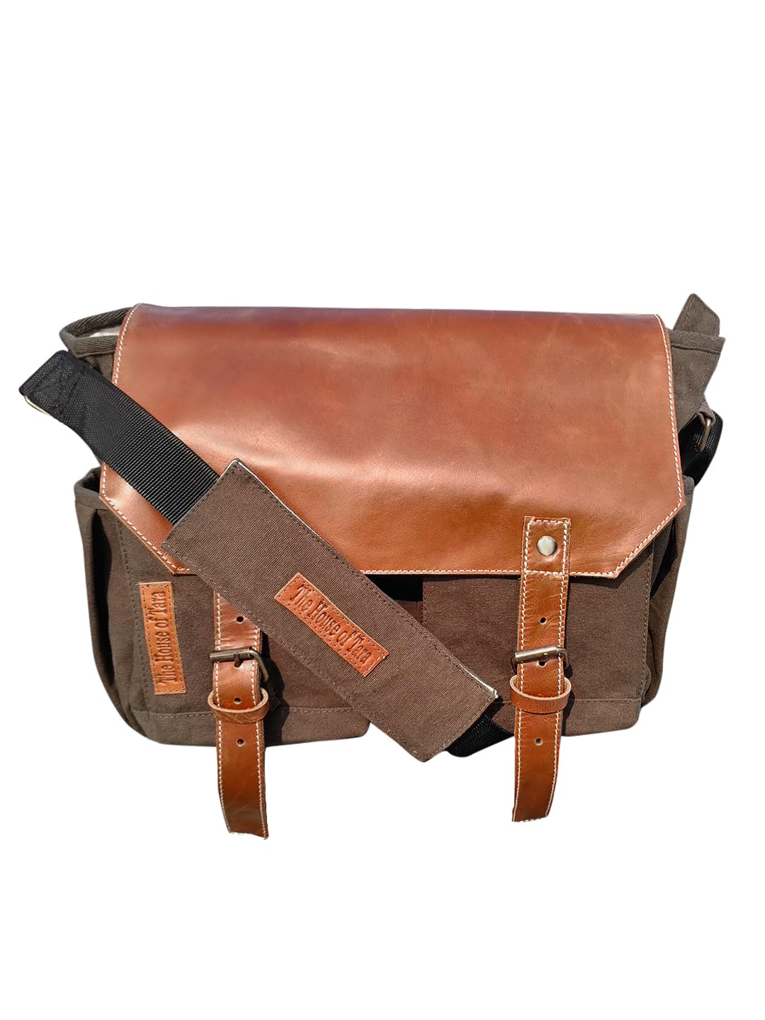 The House of tara Leather & Canvas Messenger Bag for Men and Women | Fits Laptop Upto 15.6 Inch I Crossbody Bag with Canvas Lining, Adjustable Straps & Padded Partition (Olive Brown)