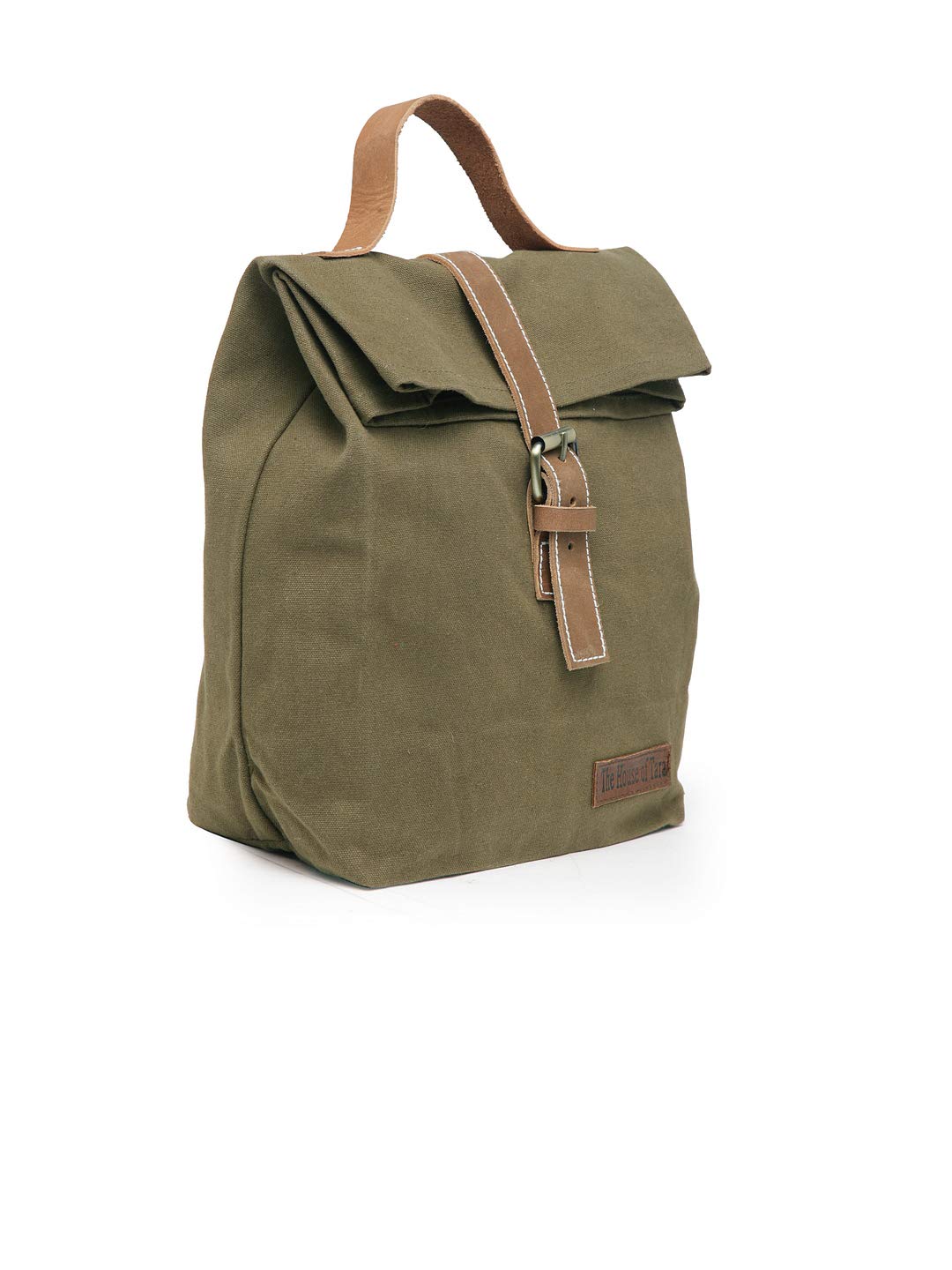The House of tara Cotton Canvas Lunch Box Bag | Khaki Color Solid Design | 15 Ltrs Tiffin and Water Bottle Bag | Aesthetic Design with Genuine Leather Strap, Buckle & Top Handle | for Men and Women