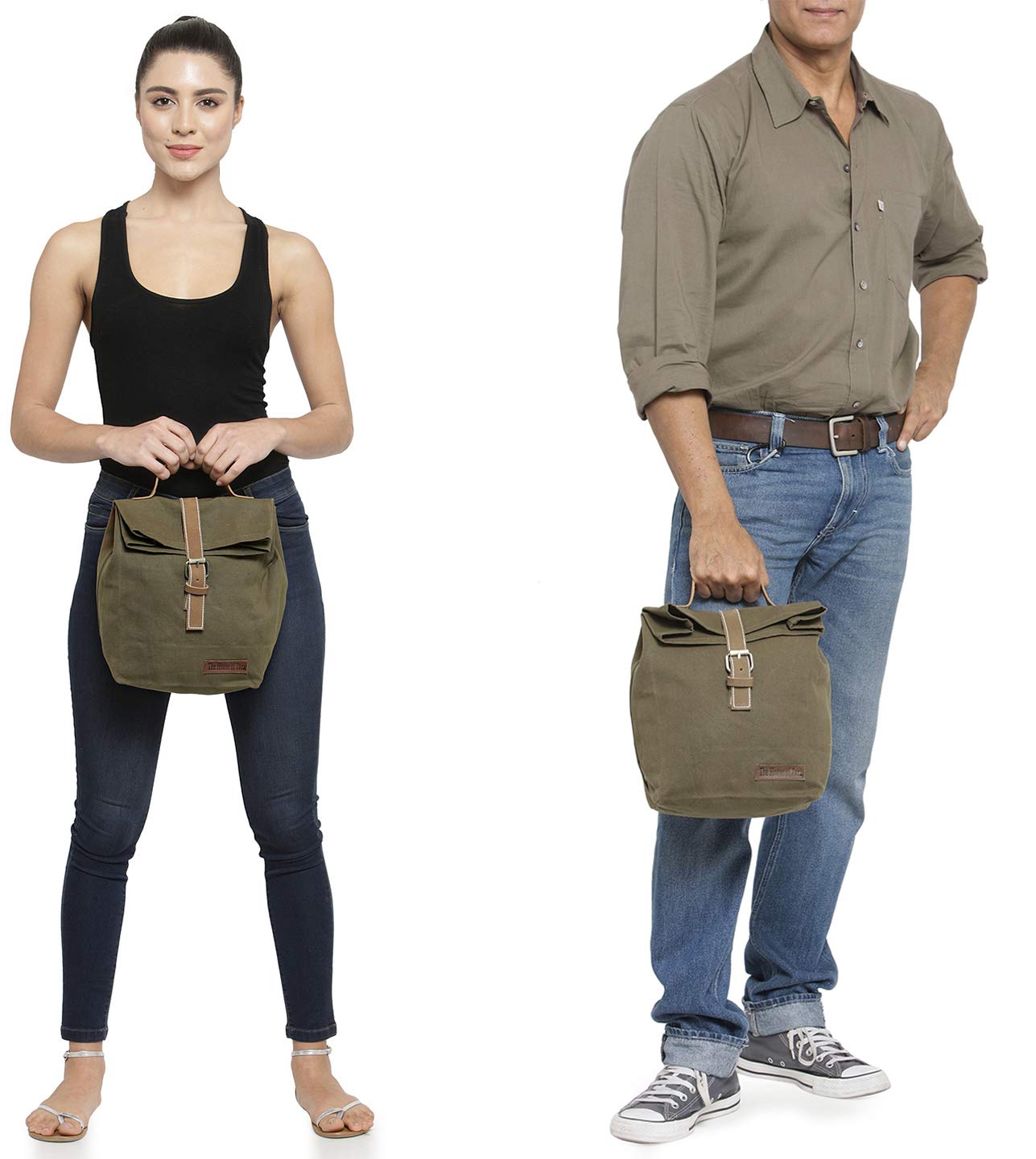 The House of tara Cotton Canvas Lunch Box Bag | Khaki Color Solid Design | 15 Ltrs Tiffin and Water Bottle Bag | Aesthetic Design with Genuine Leather Strap, Buckle & Top Handle | for Men and Women