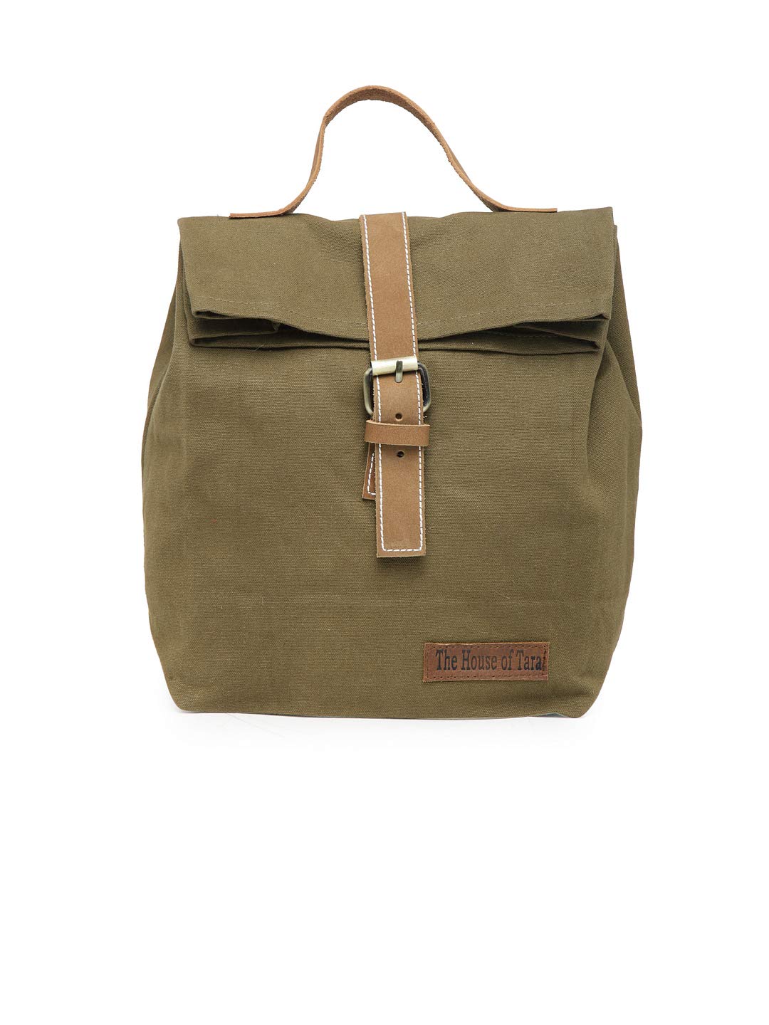 The House of tara Cotton Canvas Lunch Box Bag | Khaki Color Solid Design | 15 Ltrs Tiffin and Water Bottle Bag | Aesthetic Design with Genuine Leather Strap, Buckle & Top Handle | for Men and Women