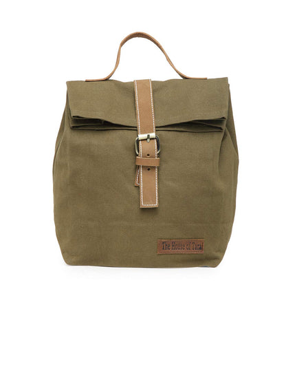 The House of tara Cotton Canvas Lunch Box Bag | Khaki Color Solid Design | 15 Ltrs Tiffin and Water Bottle Bag | Aesthetic Design with Genuine Leather Strap, Buckle & Top Handle | for Men and Women