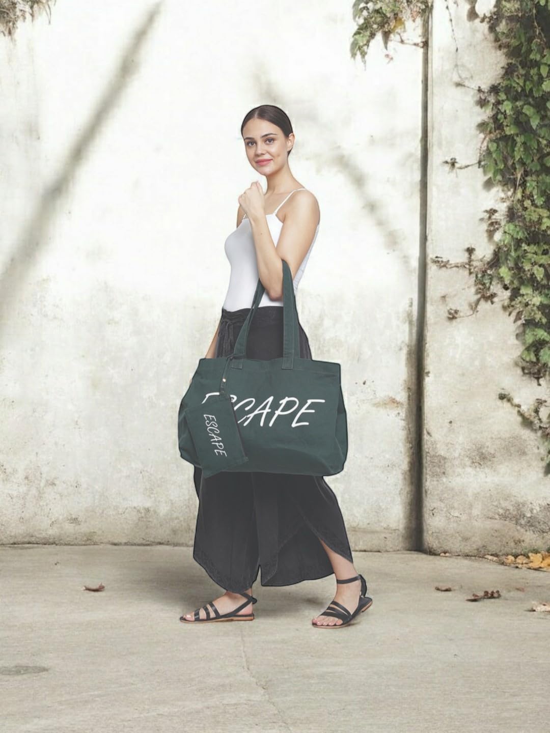 The House of tara Canvas Tote Bag with Detachable Pouch | Cotton Shopping Handbag | Magnetic Closure Tote with Zipper Pouch | Back Pocket with Zip | Escape Print | For Women