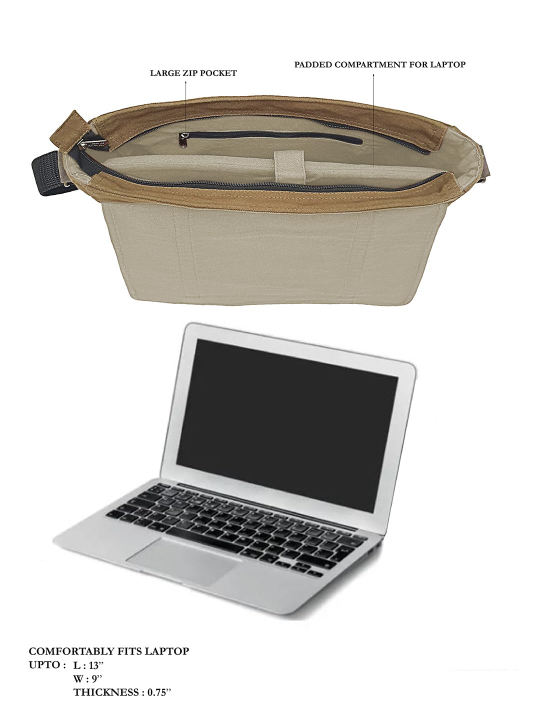 The House of tara Dual Tone Canvas Messenger Bag for Men and Women | Sling Laptop Bag fits Upto 14 Inch Size | Crossbody Multiutility Bag with Waterproof Inner Lining & Adjustable Straps (Khaki Brown)