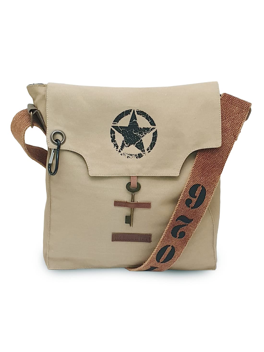 The House of tara Sturdy Cotton Canvas Messenger Bags for Men and Women | With two Magnetic Snap Buttons Flap Closure, Adjustable Body Strap & Multiutility Lobster Hook (Beige)