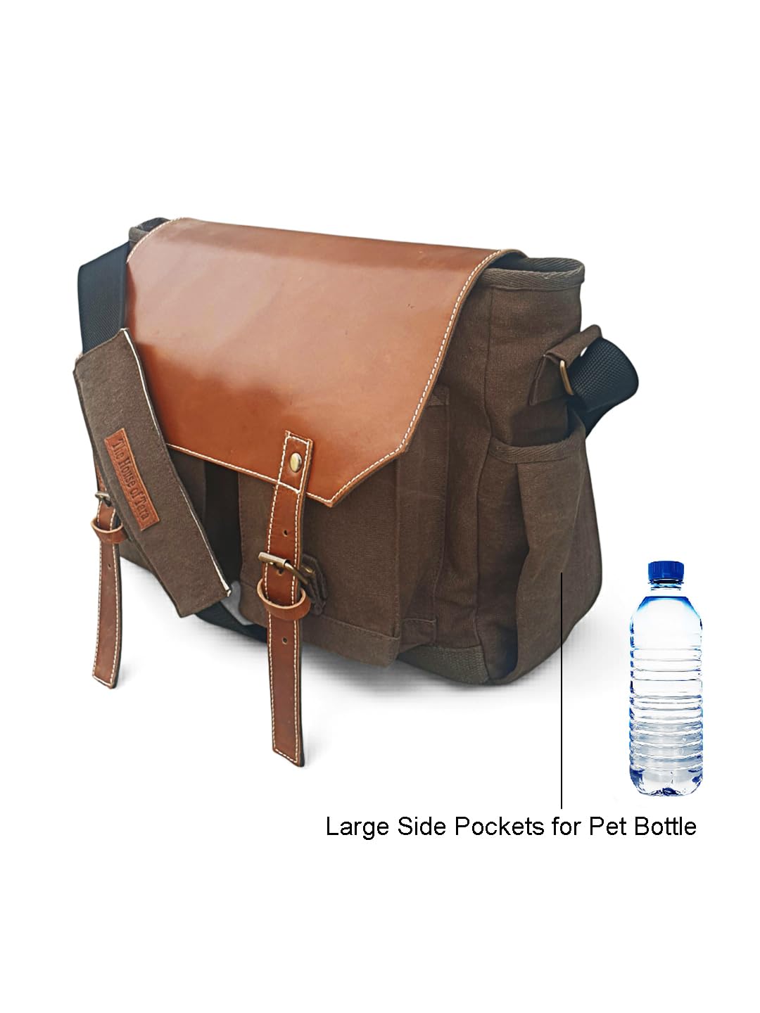 The House of tara Leather & Canvas Messenger Bag for Men and Women | Fits Laptop Upto 15.6 Inch I Crossbody Bag with Canvas Lining, Adjustable Straps & Padded Partition (Olive Brown)