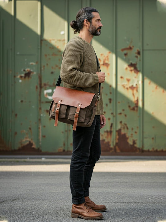 The House of tara Leather & Canvas Messenger Bag for Men and Women | Fits Laptop Upto 15.6 Inch I Crossbody Bag with Canvas Lining, Adjustable Straps & Padded Partition (Olive Brown)