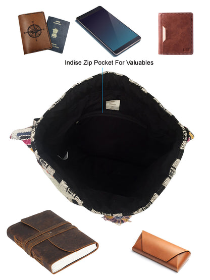Handloom Boho Sling Bag for Women | Cross Body Bag for Women | 100% Cotton Inner Lining, Drawstring Closure | Shoulder Bags Suitable for College & Daily Essentials (Grey Black)