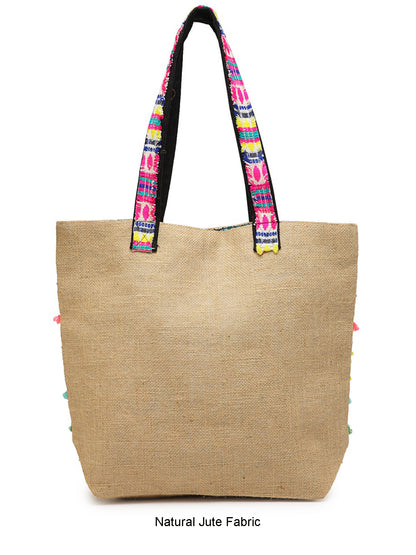 Jute Tote Handbag | Brown Multicolor Shoulder Bag | Tassel Embellished | Magnetic Closure | Zipper Compartment | Casual Bag for College, Office & Daily Use | For Women