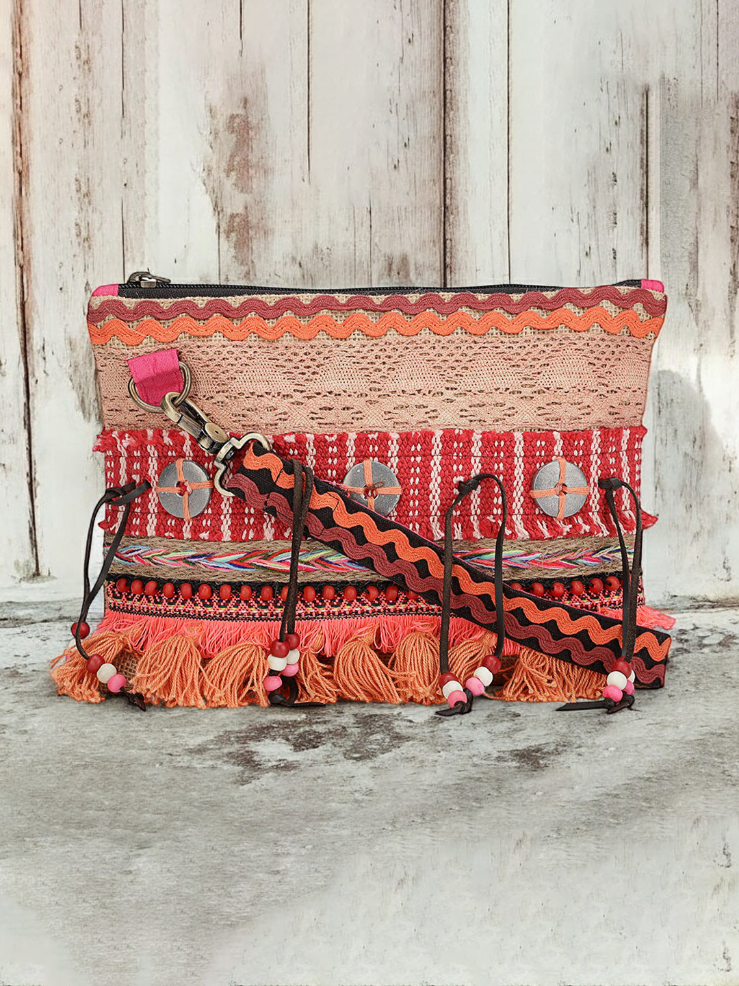 Cross Body Sling Bag with Embellishments and Tassels/Trims | Internal Zip Pocket | Jute Crossbody Bag in Multi Colour with Zip Closure | Handmade.