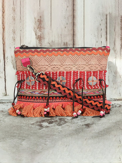 Cross Body Sling Bag with Embellishments and Tassels/Trims | Internal Zip Pocket | Jute Crossbody Bag in Multi Colour with Zip Closure | Handmade.
