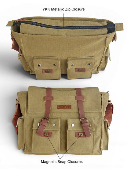 Canvas Messenger bags Large | Cotton Sling One Side Shoulder Bags for Men & Women with Adjustable Crossbody strap, Padded Partition & 4 External Pockets