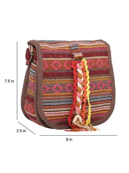 Ethnic Handloom Crossbody Sling Bag | Embellished with Tassels and Trims. Flap Closure with a Snap Button | Internal Zip Pocket | Multicolour side Crossbody Bag for Women | Handmade.