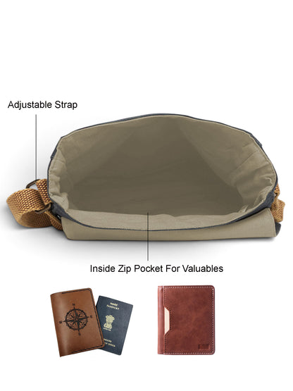 Canvas Side Sling Bag For Men & Women | Compact Messenger bag with Leather Strap on flap closure, Adjustable Shoulder Strap & Snap buttons | Casual bag for Office & Travel
