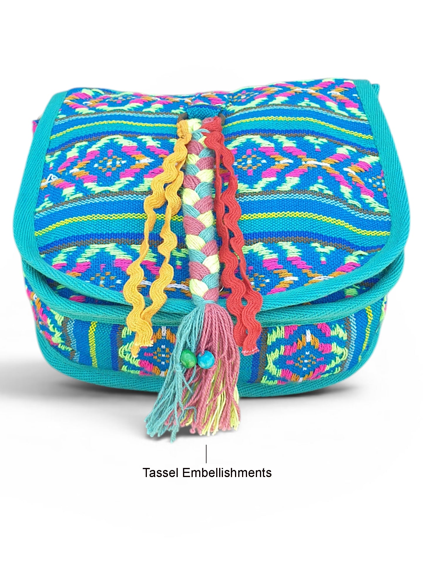 Ethnic Handloom Crossbody Sling Bag | Embellished with Tassels and Trims. Flap Closure with a Snap Button | Internal Zip Pocket | Multicolour side Crossbody Bag for Women | Handmade.