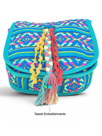 Ethnic Handloom Crossbody Sling Bag | Embellished with Tassels and Trims. Flap Closure with a Snap Button | Internal Zip Pocket | Multicolour side Crossbody Bag for Women | Handmade.
