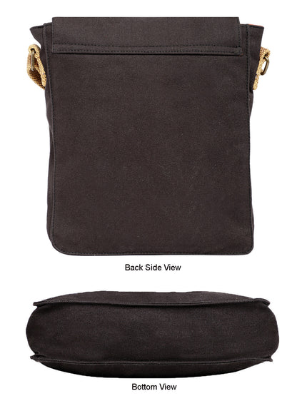 Canvas Side Sling Bag For Men & Women | Compact Messenger bag with Leather Strap on flap closure, Adjustable Shoulder Strap & Snap buttons | Casual bag for Office & Travel