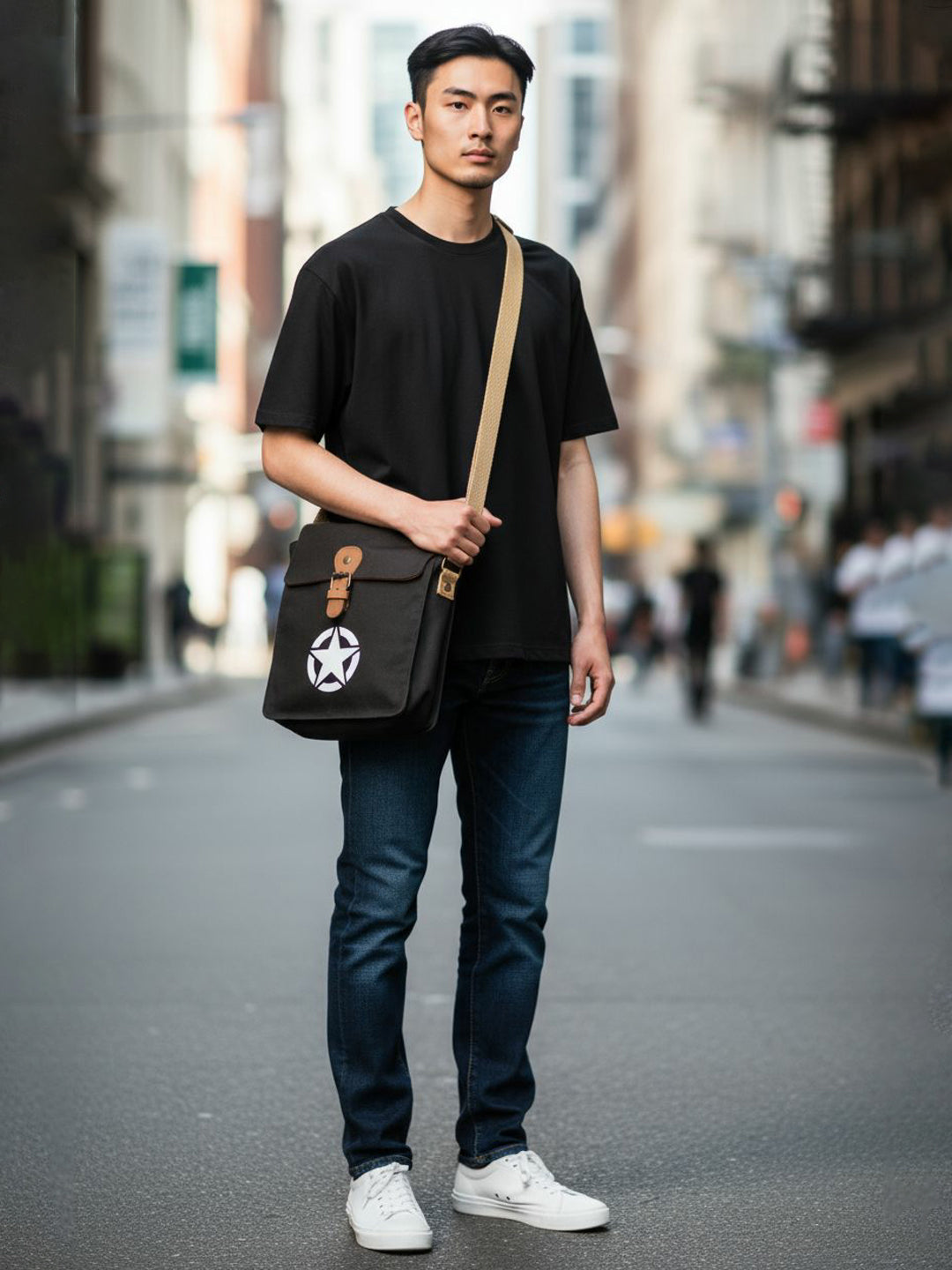 Canvas Side Sling Bag For Men & Women | Compact Messenger bag with Leather Strap on flap closure, Adjustable Shoulder Strap & Snap buttons | Casual bag for Office & Travel