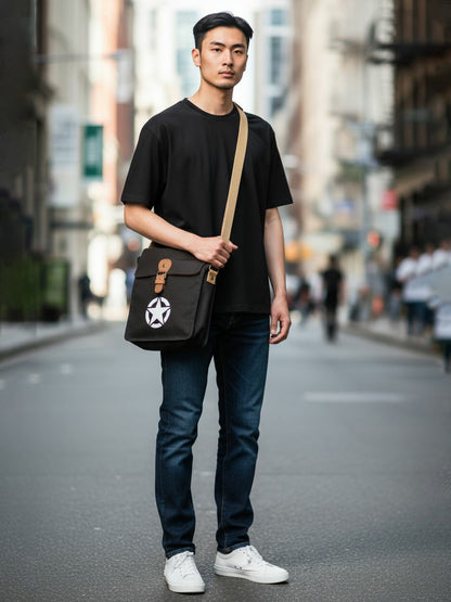 Canvas Side Sling Bag For Men & Women | Compact Messenger bag with Leather Strap on flap closure, Adjustable Shoulder Strap & Snap buttons | Casual bag for Office & Travel