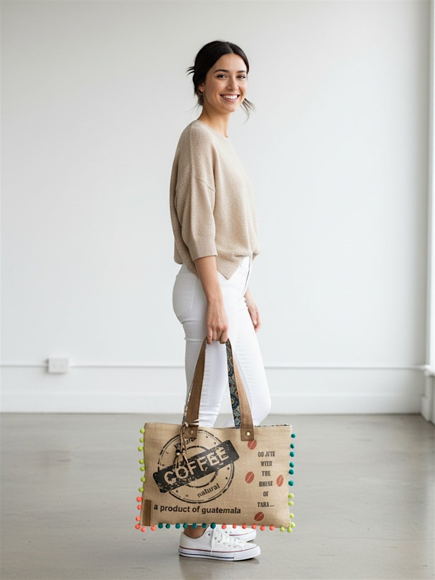 Jute Tote Handbag | Brown Beige Printed Shoulder Bag | Tassel Embellished | Magnetic Closure | Zipper Compartment | Casual Bag for College, Office & Daily Use | For Women
