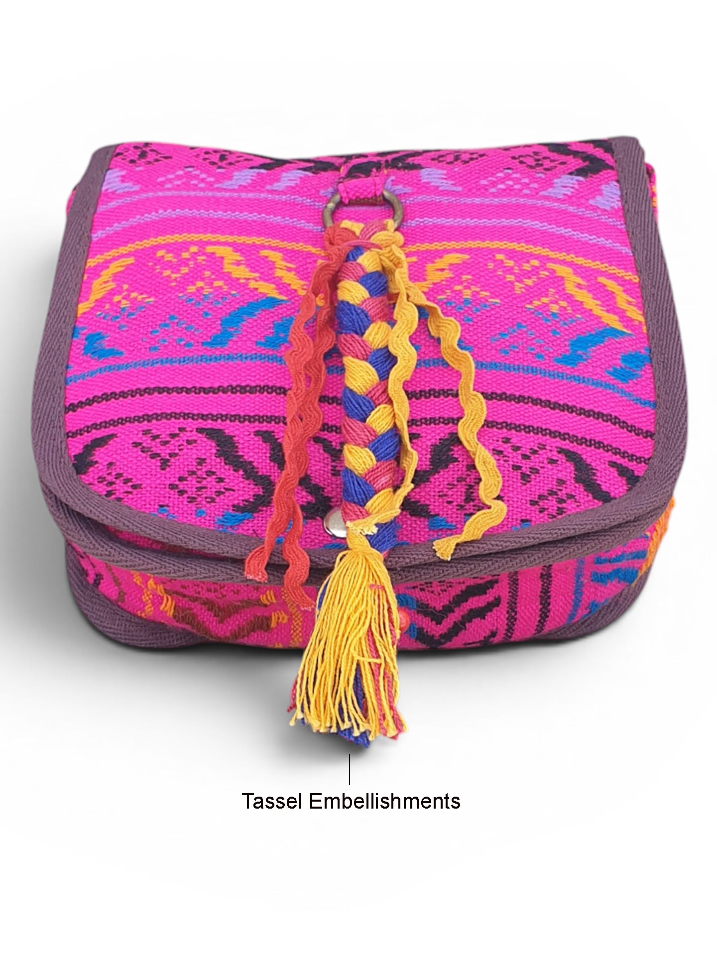 Ethnic Handloom Crossbody Sling Bag | Embellished with Tassels and Trims. Flap Closure with a Snap Button | Internal Zip Pocket | Multicolour side Crossbody Bag for Women | Handmade.