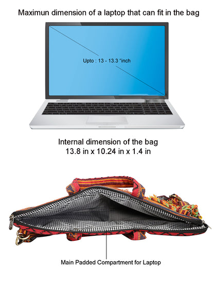Office Laptop Bag for Women 13.3 And 15.6 Inch | Ideal For Office & Travel | Multicolour Embellished Handloom Fabric | MacBook Messenger Business Bag for ladies
