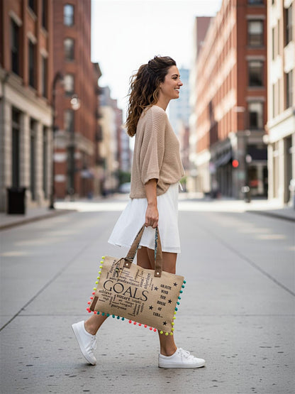 Jute Tote Handbag | Brown Beige Printed Shoulder Bag | Tassel Embellished | Magnetic Closure | Zipper Compartment | Casual Bag for College, Office & Daily Use | For Women