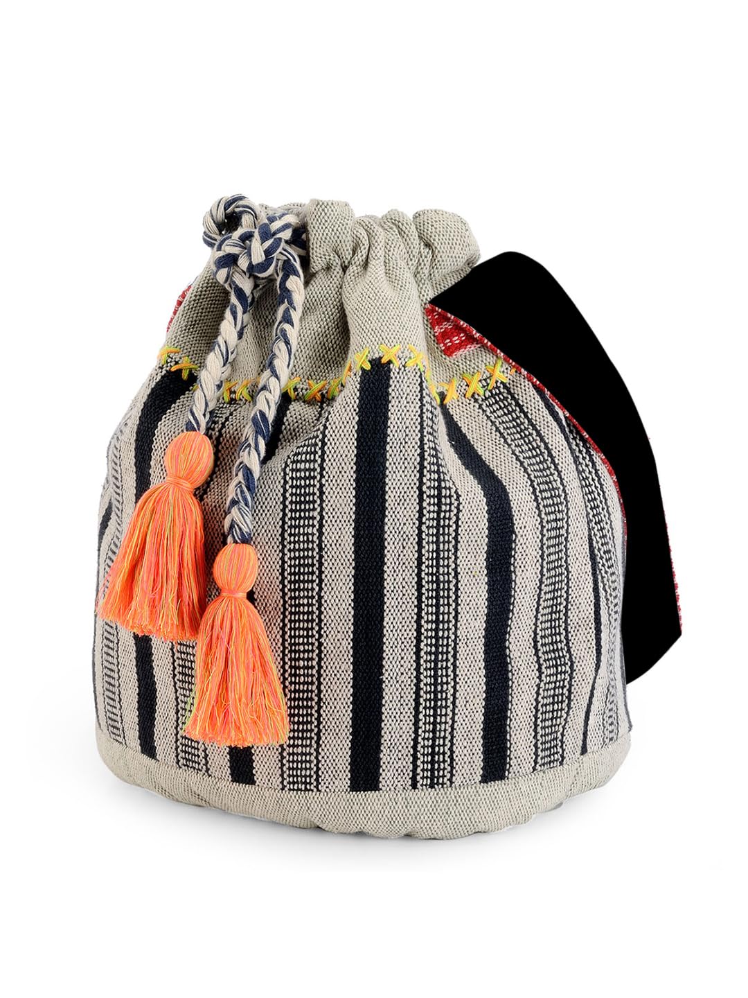 The House of tara Handloom Boho Sling Bag for Women | Cross Body Bag for Women with Waterproof Inner Lining, Drawstring Closure | Shoulder Bags Suitable for College & Daily Essentials (Black Grey)
