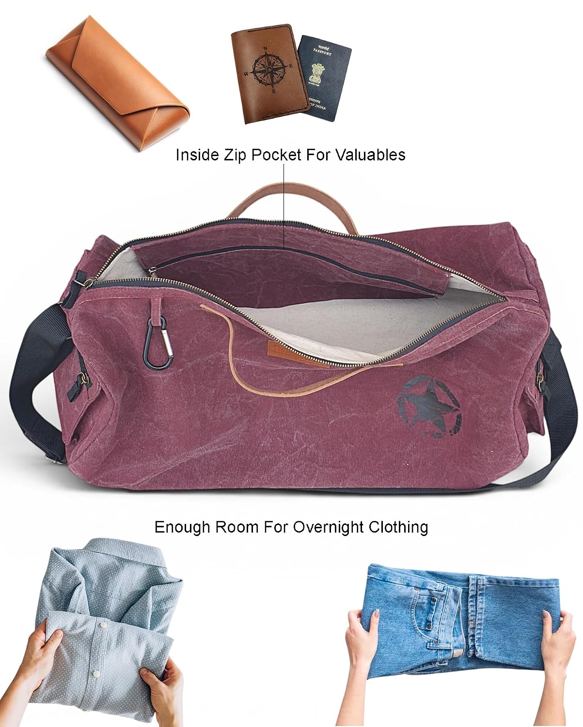 Canvas Travel Duffle Bag | 25 litres | Sports Duffel | Gym Bags | for Men and Women | Adjustable Broad Strap | Airline Carry-On Luggage | Quick Access Pockets | Vintage Wine