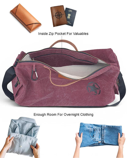 Canvas Travel Duffle Bag | 25 litres | Sports Duffel | Gym Bags | for Men and Women | Adjustable Broad Strap | Airline Carry-On Luggage | Quick Access Pockets | Vintage Wine
