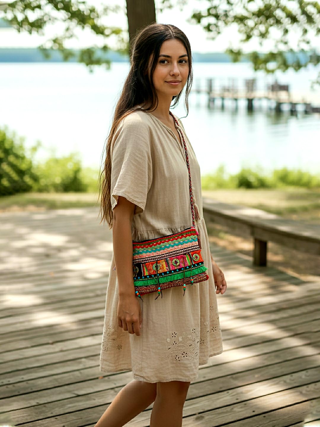 The House of tara Cross Body Sling Bag with Embellishments and Tassels/Trims | Internal Zip Pocket | Jute Crossbody Bag in Multi Colour with Zip Closure | Handmade.