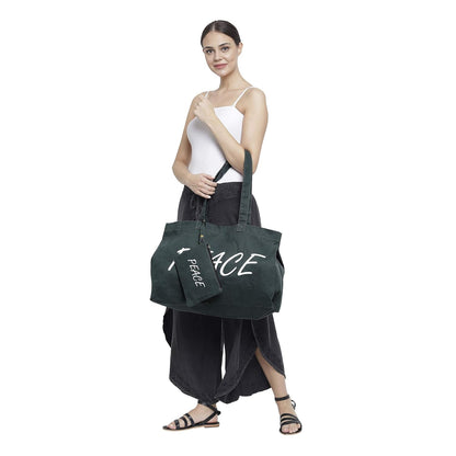 The House of tara Canvas Tote Bag with Detachable Pouch | Cotton Shopping Handbag | Magnetic Closure Tote with Zipper Pouch | Back Pocket with Zip | Peace Print | For Women