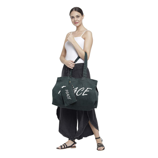 The House of tara Canvas Tote Bag with Detachable Pouch | Cotton Shopping Handbag | Magnetic Closure Tote with Zipper Pouch | Back Pocket with Zip | Peace Print | For Women