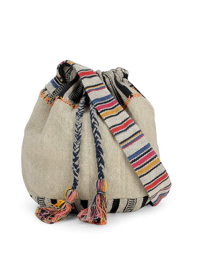 The House of tara Handloom Boho Sling Bag for Women | Cross Body Bag for Women | 100% Cotton Inner Lining, Drawstring Closure | Shoulder Bags Suitable for College & Daily Essentials (Grey Black)
