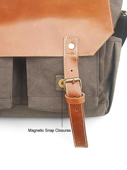 The House of tara Leather & Canvas Messenger Bag for Men and Women | Fits Laptop Upto 15.6 Inch I Crossbody Bag with Canvas Lining, Adjustable Straps & Padded Partition (Olive Brown)